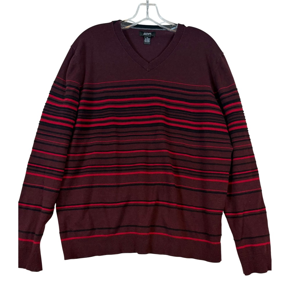 Alfani Mens Regular Fit V-Neck Sweater Burgundy Red Black XL Preppy Layering